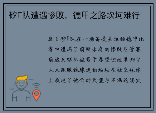 矽F队遭遇惨败，德甲之路坎坷难行