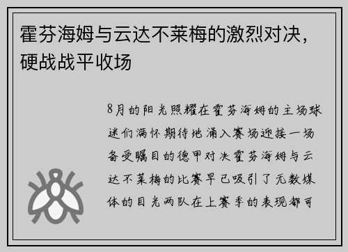 霍芬海姆与云达不莱梅的激烈对决，硬战战平收场